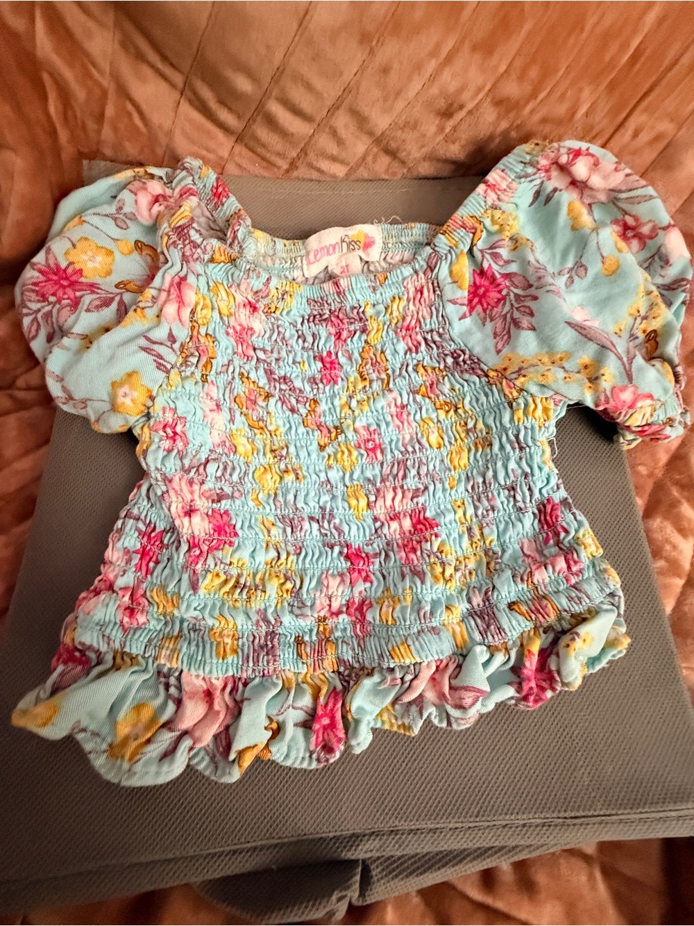 Lemon Kiss Aqua Floral Smocked Puff Sleeve Top